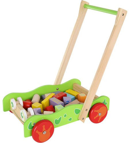 Antepremergator educativ din lemn pentru copii si carucior pentru cuburi 20 piese, Verde
