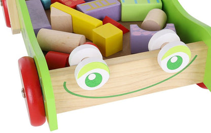 Antepremergator educativ din lemn pentru copii si carucior pentru cuburi 20 piese, Verde