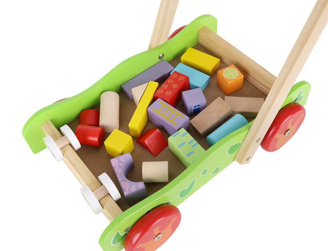 Antepremergator educativ din lemn pentru copii si carucior pentru cuburi 20 piese, Verde