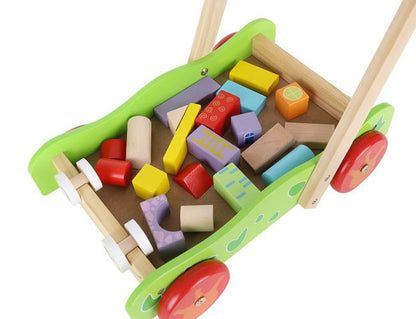 Antepremergator educativ din lemn pentru copii si carucior pentru cuburi 20 piese, Verde