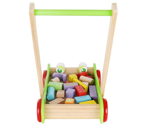 Antepremergator educativ din lemn pentru copii si carucior pentru cuburi 20 piese, Verde