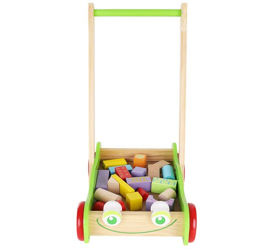 Antepremergator educativ din lemn pentru copii si carucior pentru cuburi 20 piese, Verde