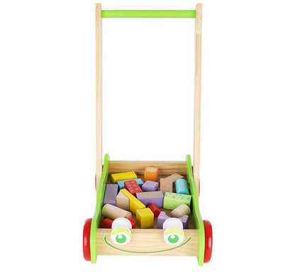 Antepremergator educativ din lemn pentru copii si carucior pentru cuburi 20 piese, Verde