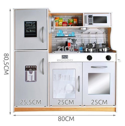 Set bucatarie completa interactiva din lemn pentru copii, inaltime 80 cm, chiuveta, plita, cuptor, dulap si multiple accesorii de calitate din lemn, Bej / Lemn Natur