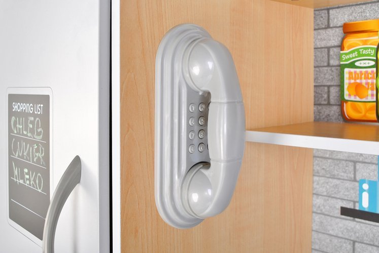 Set bucatarie completa interactiva din lemn pentru copii, inaltime 80 cm, chiuveta, plita, cuptor, dulap si multiple accesorii de calitate din lemn, Bej / Lemn Natur