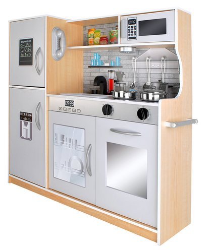 Set bucatarie completa interactiva din lemn pentru copii, inaltime 80 cm, chiuveta, plita, cuptor, dulap si multiple accesorii de calitate din lemn, Bej / Lemn Natur