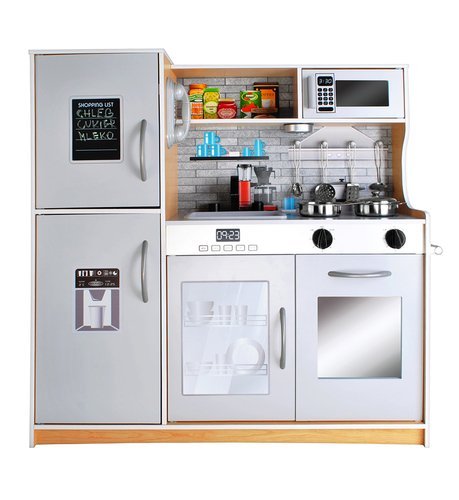 Set bucatarie completa interactiva din lemn pentru copii, inaltime 80 cm, chiuveta, plita, cuptor, dulap si multiple accesorii de calitate din lemn, Bej / Lemn Natur