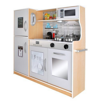 Set bucatarie completa interactiva din lemn pentru copii, inaltime 80 cm, chiuveta, plita, cuptor, dulap si multiple accesorii de calitate din lemn, Bej / Lemn Natur
