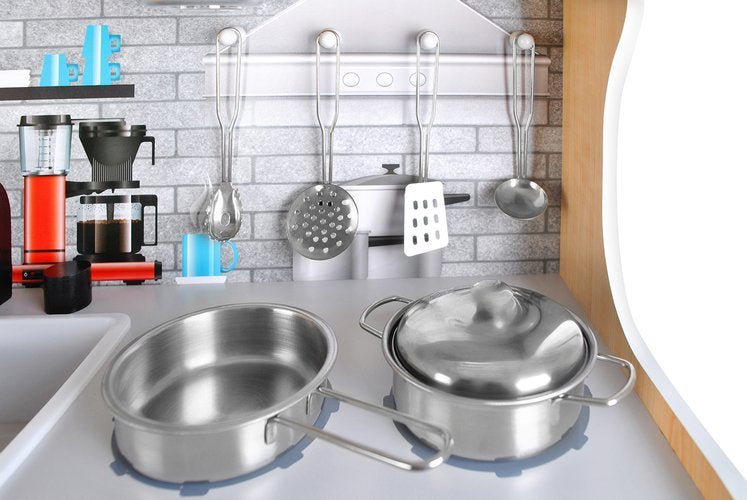 Set bucatarie completa interactiva din lemn pentru copii, inaltime 80 cm, chiuveta, plita, cuptor, dulap si multiple accesorii de calitate din lemn, Bej / Lemn Natur