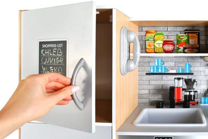 Set bucatarie completa interactiva din lemn pentru copii, inaltime 80 cm, chiuveta, plita, cuptor, dulap si multiple accesorii de calitate din lemn, Bej / Lemn Natur