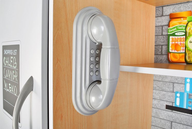 Set bucatarie completa interactiva din lemn pentru copii, inaltime 80 cm, chiuveta, plita, cuptor, dulap si multiple accesorii de calitate din lemn, Bej / Lemn Natur