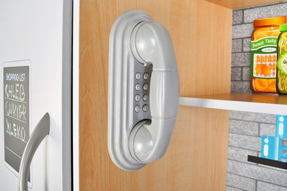 Set bucatarie completa interactiva din lemn pentru copii, inaltime 80 cm, chiuveta, plita, cuptor, dulap si multiple accesorii de calitate din lemn, Bej / Lemn Natur