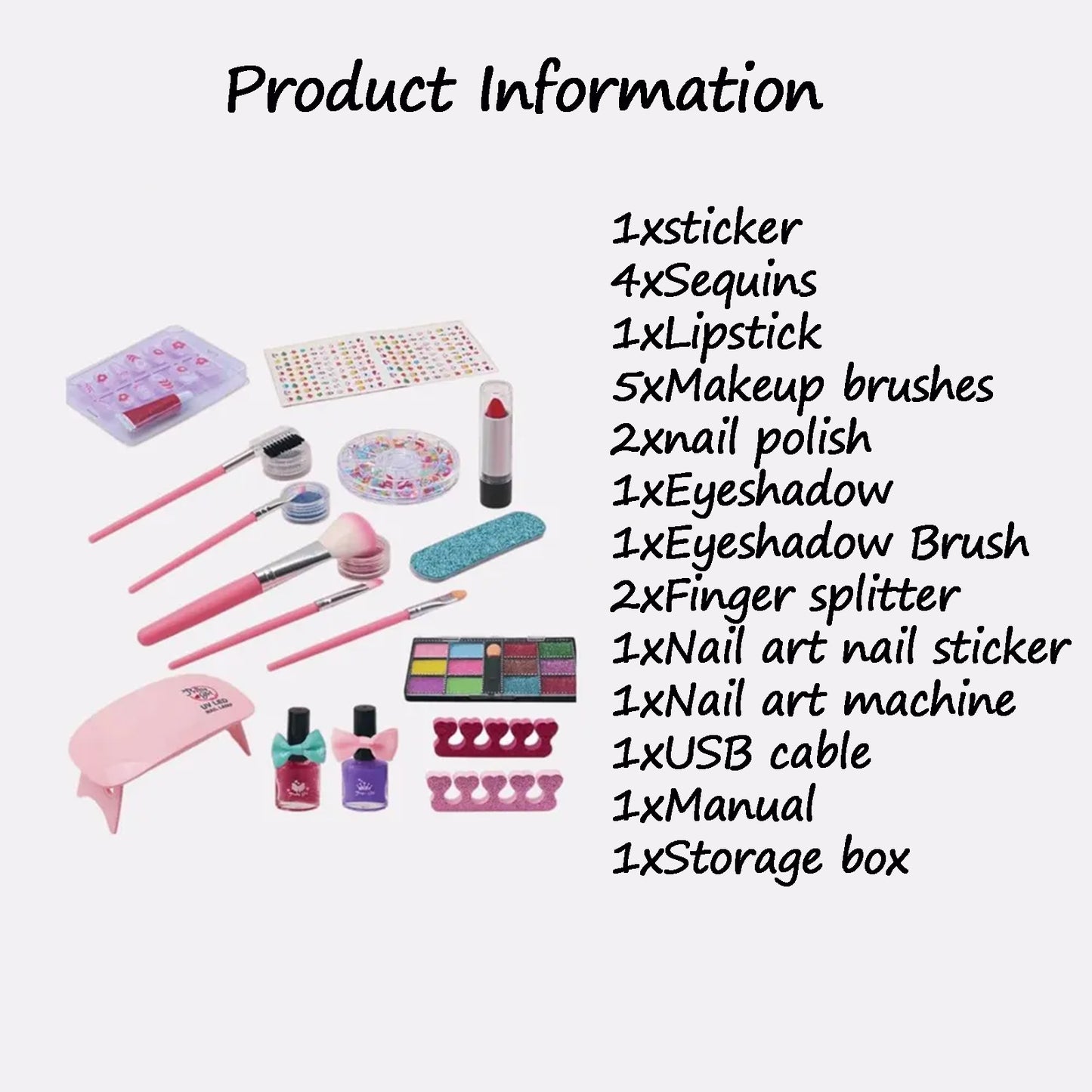 Set make up trusa pentru copii + 3 ani, Darklove, Cu lampa uscare unghii, rujuri, lacuri de unghii, pensula cosmetica si multiple accesorii, Usor de utilizat si de transportat, Plastic, 20.5 x 15 x 8cm, Multicolor