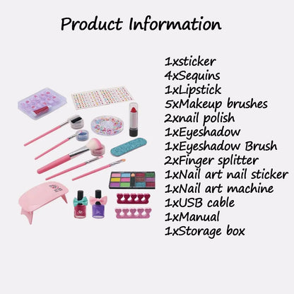 Set make up trusa pentru copii + 3 ani, Darklove, Cu lampa uscare unghii, rujuri, lacuri de unghii, pensula cosmetica si multiple accesorii, Usor de utilizat si de transportat, Plastic, 20.5 x 15 x 8cm, Multicolor