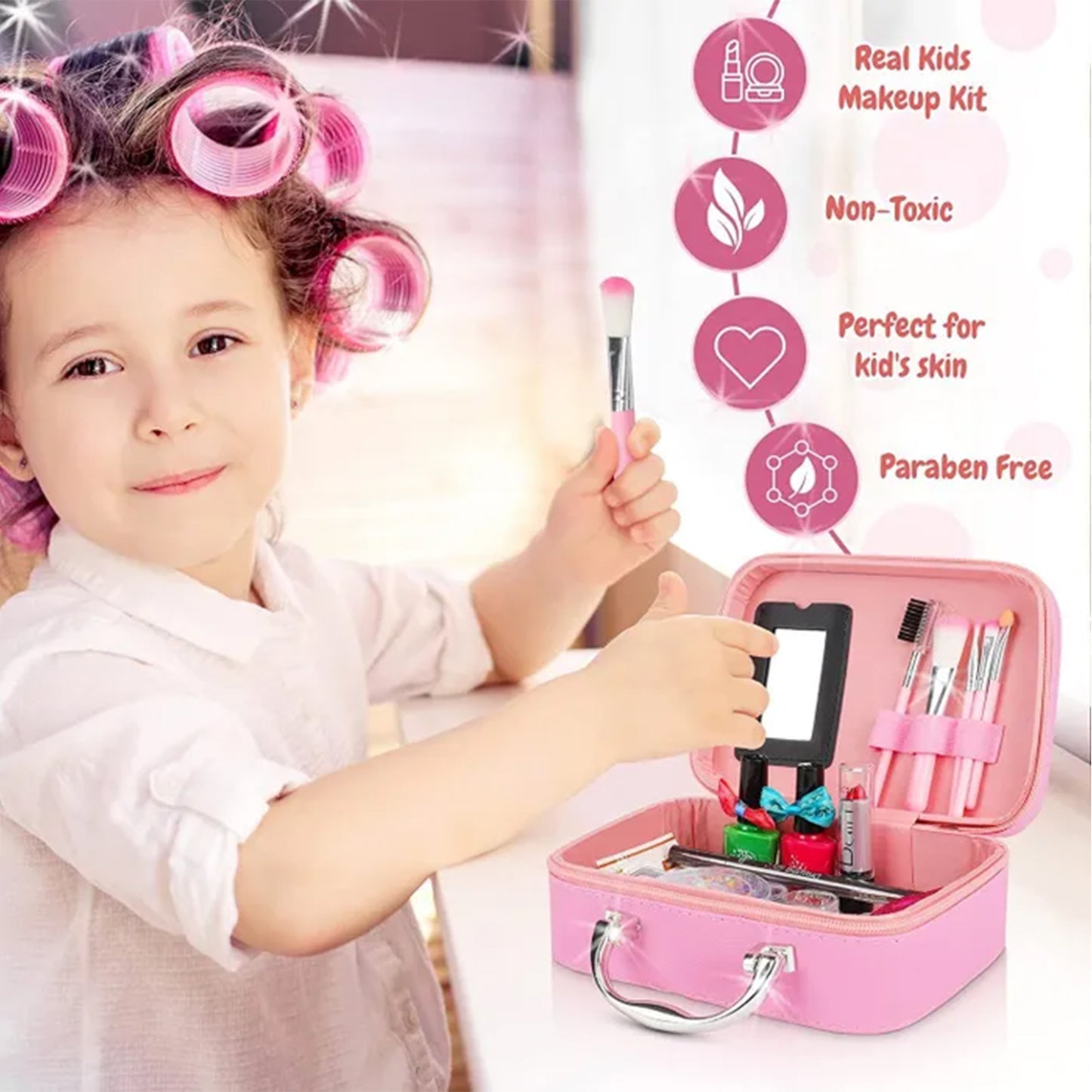 Set make up trusa pentru copii + 3 ani, Darklove, Cu lampa uscare unghii, rujuri, lacuri de unghii, pensula cosmetica si multiple accesorii, Usor de utilizat si de transportat, Plastic, 20.5 x 15 x 8cm, Multicolor