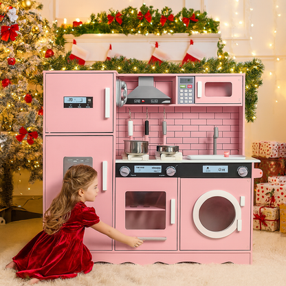 Bucatarie din lemn idealSTORE, Dimensiuni 97 x 30 x 94 cm, Material MDF, Echipata cu Efecte luminoase si Sonore, Utilata complet cu Accesorii si Ustensile specifice, Frigider, Cuptor cu Microunde, Aparat de gheata, Masina de Spalat, Dezvolta imaginatia