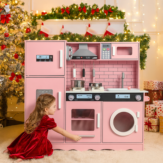 Bucatarie din lemn idealSTORE, Dimensiuni 97 x 30 x 94 cm, Material MDF, Echipata cu Efecte luminoase si Sonore, Utilata complet cu Accesorii si Ustensile specifice, Frigider, Cuptor cu Microunde, Aparat de gheata, Masina de Spalat, Dezvolta imaginatia