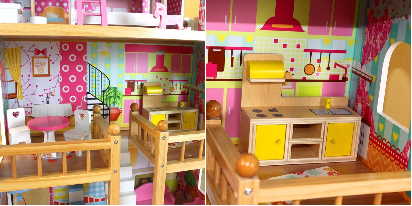 Casuta de papusi din lemn, Zola, complet mobilata, 3 etaje, cu piscina, sezlong si gratar, iluminata LED, 90 cm