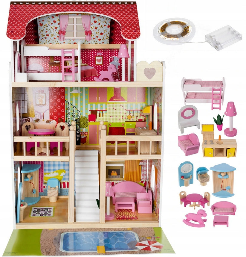 Casuta de papusi din lemn, Zola, complet mobilata, 3 etaje, cu piscina, sezlong si gratar, iluminata LED, 90 cm