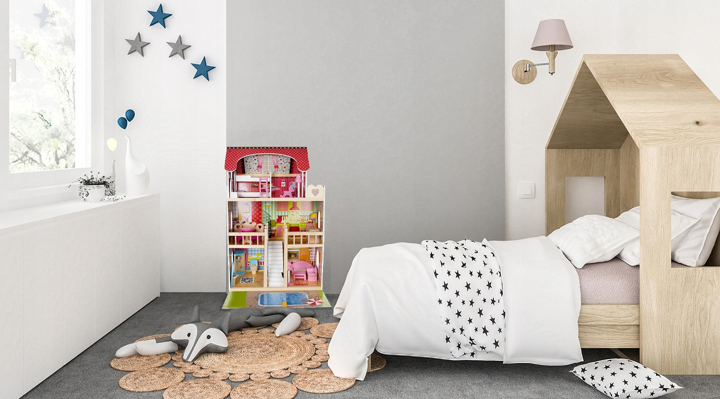 Casuta de papusi din lemn, Zola, complet mobilata, 3 etaje, cu piscina, sezlong si gratar, iluminata LED, 90 cm