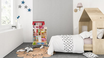 Casuta de papusi din lemn, Zola, complet mobilata, 3 etaje, cu piscina, sezlong si gratar, iluminata LED, 90 cm