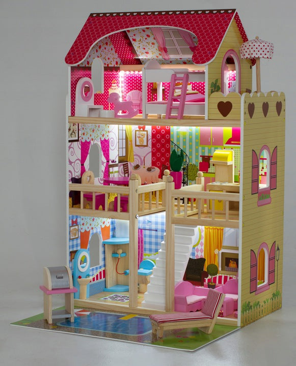 Casuta de papusi din lemn, Zola, complet mobilata, 3 etaje, cu piscina, sezlong si gratar, iluminata LED, 90 cm