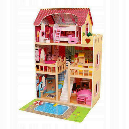 Casuta de papusi din lemn, Zola, complet mobilata, 3 etaje, cu piscina, sezlong si gratar, iluminata LED, 90 cm