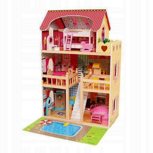 Casuta de papusi din lemn, Zola, complet mobilata, 3 etaje, cu piscina, sezlong si gratar, iluminata LED, 90 cm