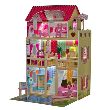 Casuta de papusi din lemn, Zola, complet mobilata, 3 etaje, cu piscina, sezlong si gratar, iluminata LED, 90 cm