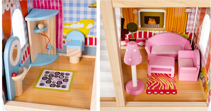 Casuta de papusi din lemn, Zola, complet mobilata, 3 etaje, cu piscina, sezlong si gratar, iluminata LED, 90 cm