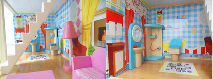 Casuta de papusi din lemn, Zola, complet mobilata, 3 etaje, cu piscina, sezlong si gratar, iluminata LED, 90 cm