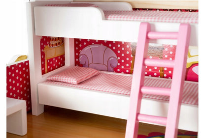 Casuta de papusi din lemn, Zola, complet mobilata, 3 etaje, cu piscina, sezlong si gratar, iluminata LED, 90 cm