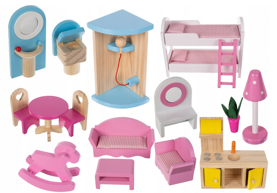 Casuta de papusi din lemn, Zola, complet mobilata, 3 etaje, cu piscina, sezlong si gratar, iluminata LED, 90 cm