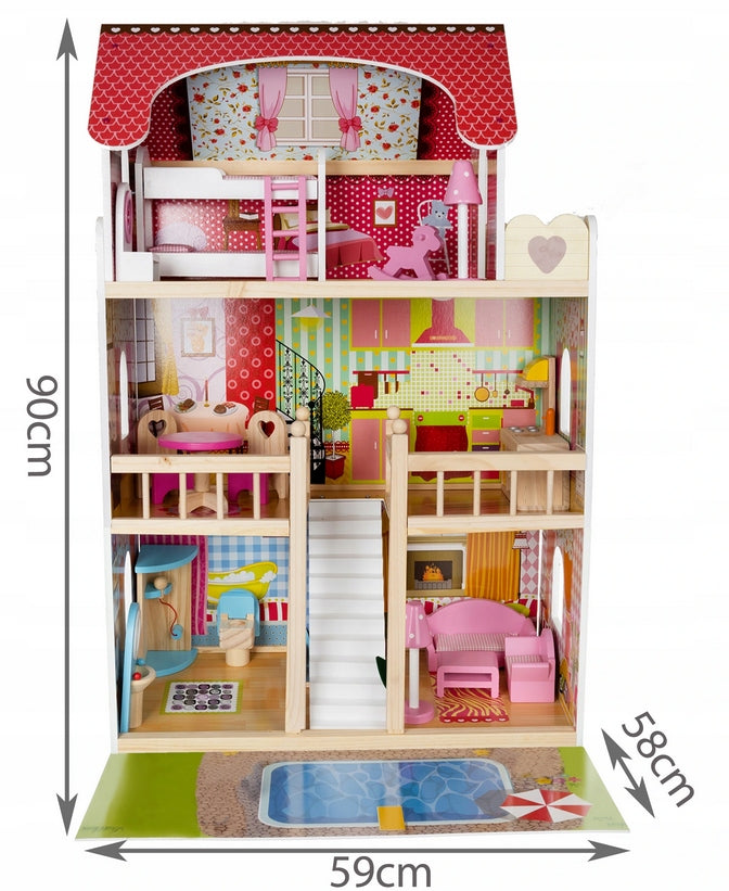 Casuta de papusi din lemn, Zola, complet mobilata, 3 etaje, cu piscina, sezlong si gratar, iluminata LED, 90 cm