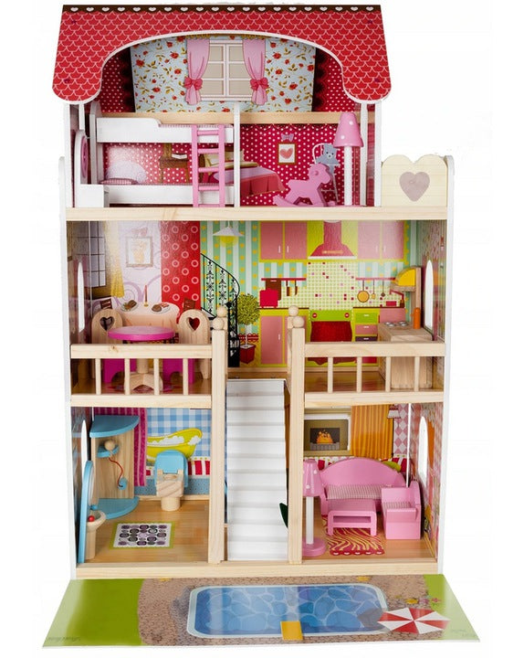 Casuta de papusi din lemn, Zola, complet mobilata, 3 etaje, cu piscina, sezlong si gratar, iluminata LED, 90 cm