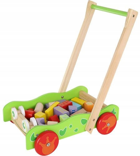 Carucior si antepremergator copii 1 an +, lemn, Zola, cu 22 cuburi multicolore, 43x26x36 cm