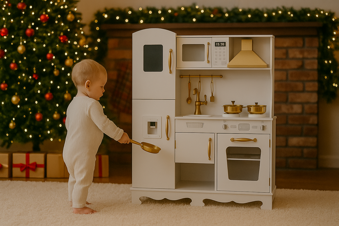 Bucatarie Luxury Kitchen din Lemn Natural pentru Copii idealSTORE, Dimensiuni 91 x 35 x 106 cm, Echipata cu Efecte luminoase si Sonore, Butoane, Utilata cu Accesorii de bucatarie, Include Plita, Cuptor, Frigider, Telefon, Hota, Chiuveta, Material MDF